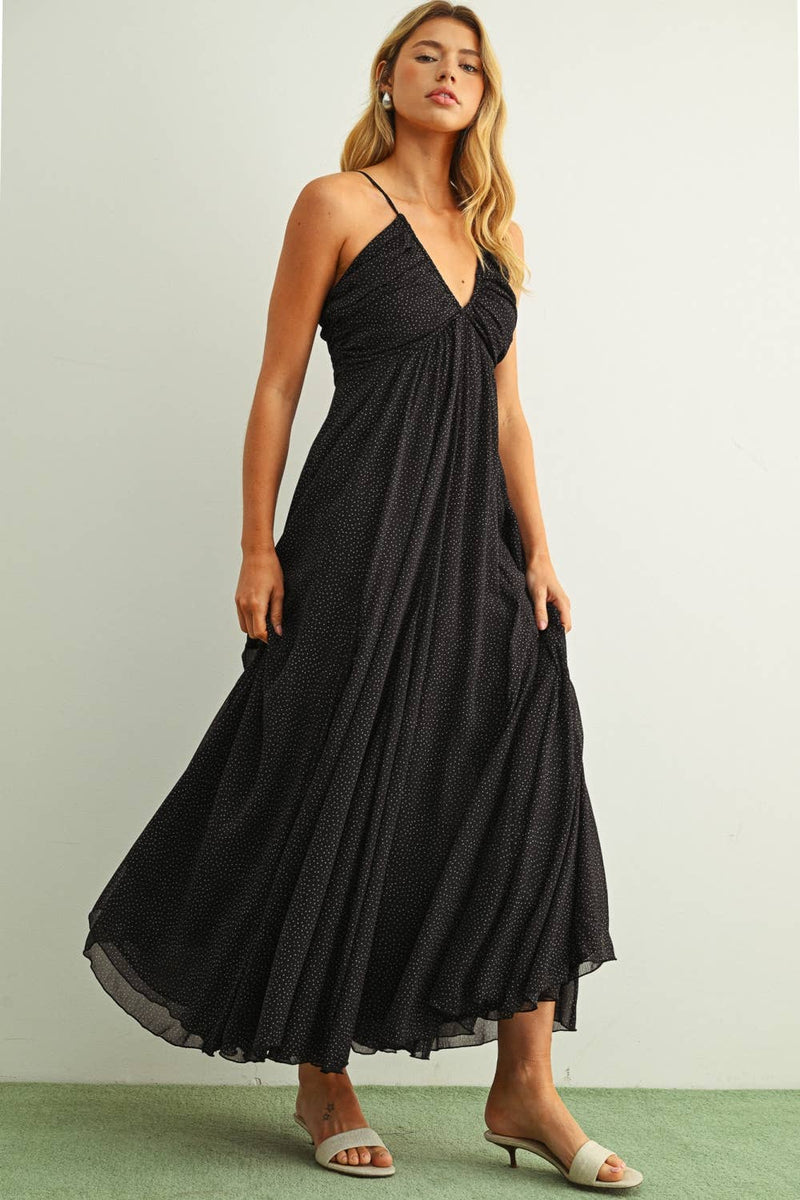Miou Muse Mini Polka Dot Printed Chiffon Maxi Dress