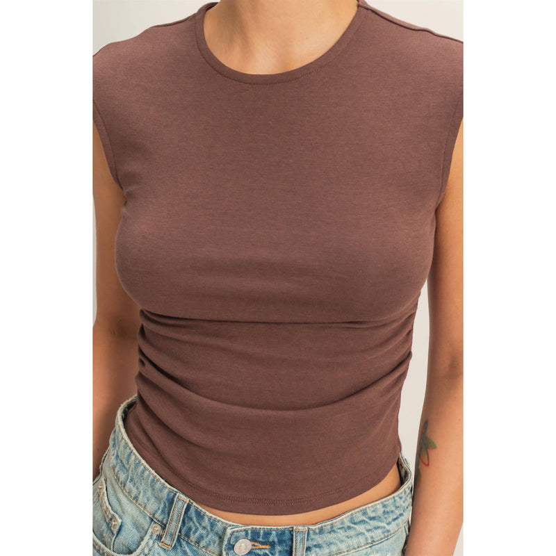 HYFYVE Ruched Waist Cap Sleeve Top