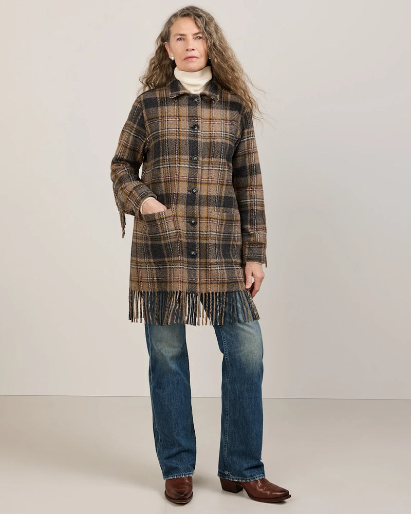 Pendleton Jolene Fringe Wool Jacket in Taupe/Charcoal Plaid