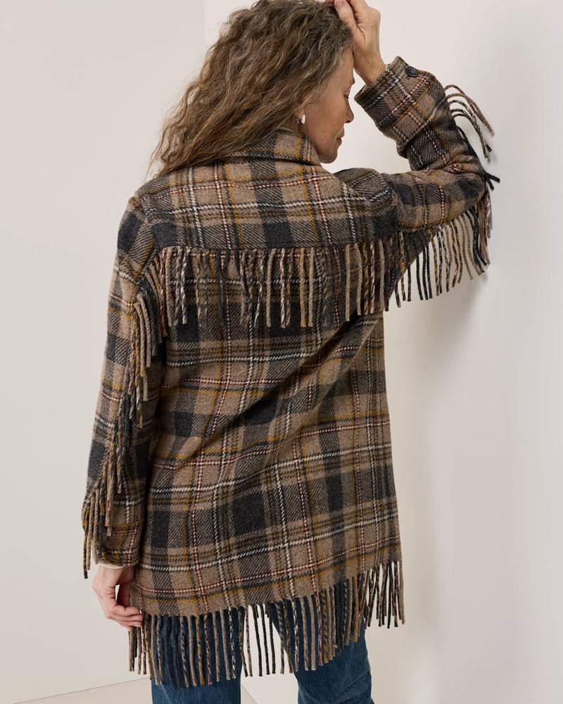Pendleton Jolene Fringe Wool Jacket in Taupe/Charcoal Plaid