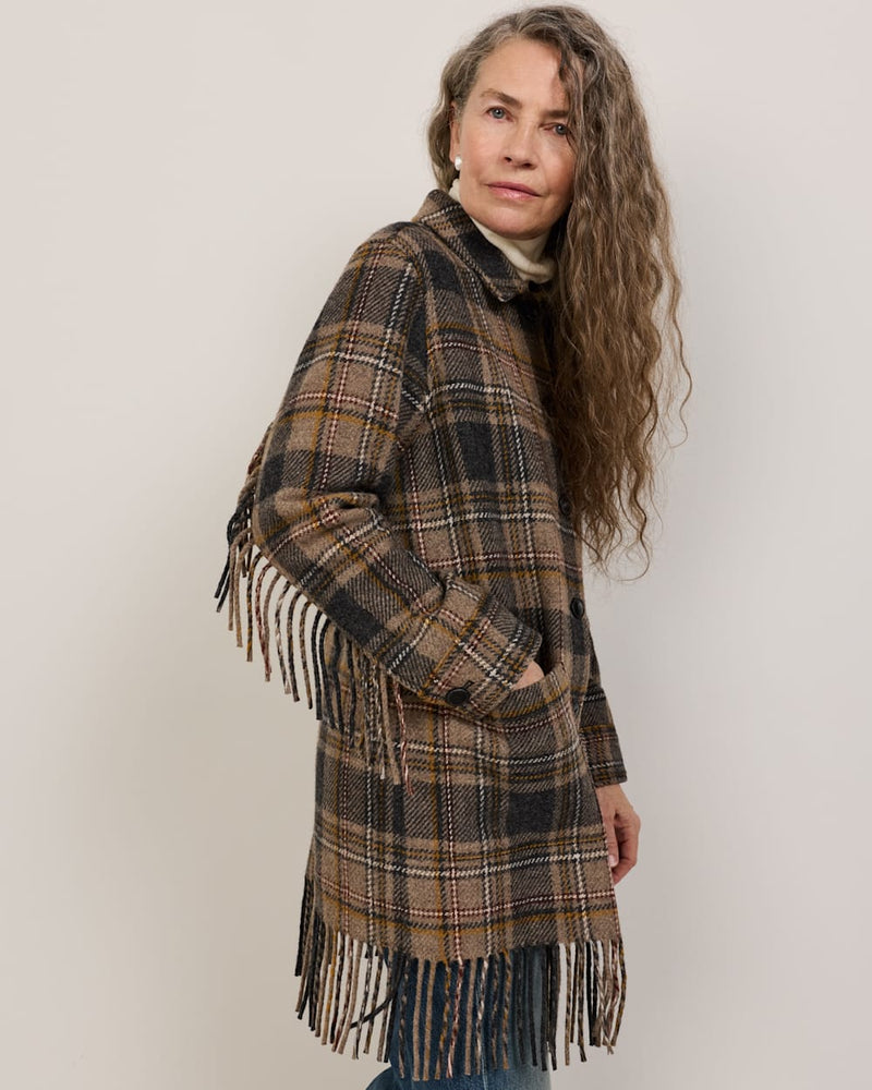 Pendleton Jolene Fringe Wool Jacket in Taupe/Charcoal Plaid