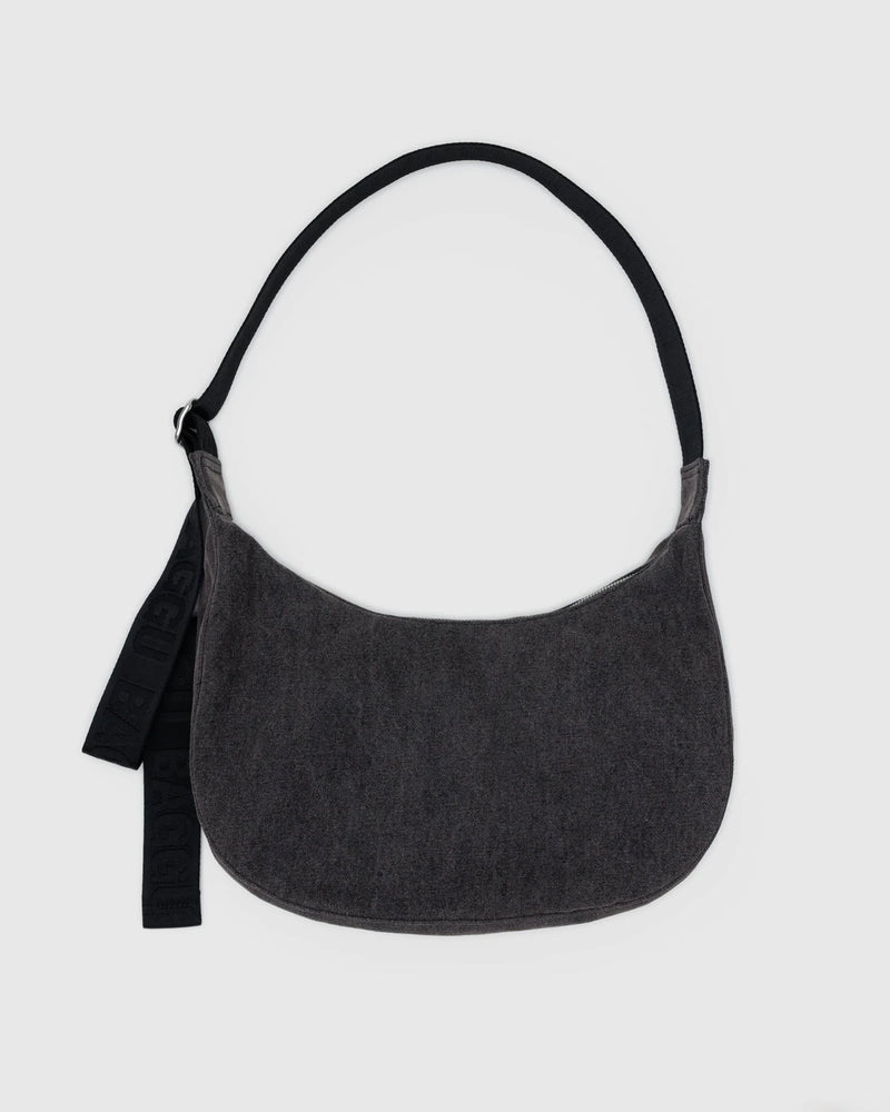 Baggu Medium Denim Crescent Bag in Washed Black Denim